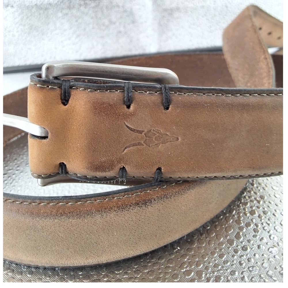 AllSaints Mens Brown Leather Belt Silver Buckle Embossed Ramskull Size 38 - Picture 3 of 6